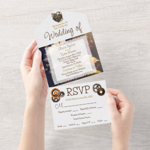 Invitación Todo En Uno Boda de Steampunk, Flowers y Feathers