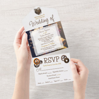 Invitación Todo En Uno Boda de Steampunk, Flowers y Feathers