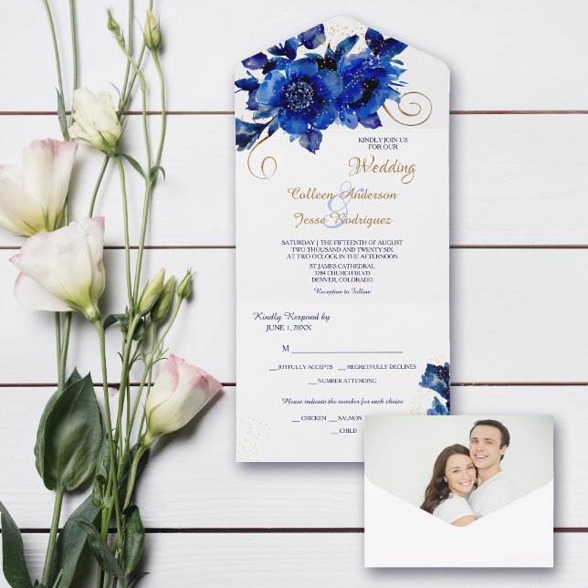 Invitación Todo En Uno Boda de Swirl Blue Floral Gold (Subido por el creador)