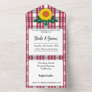 Invitación Todo En Uno Boda de Tartán Rojo Gris Blanco