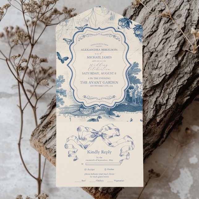 Invitación Todo En Uno Boda de tela francesa azul y agitado de Victoria (Subido por el creador)