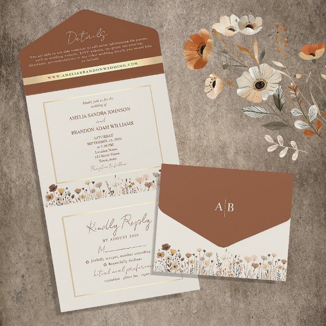 Invitación Todo En Uno Boda de Terracota Boho con Flores Silvestres (Subido por el creador)