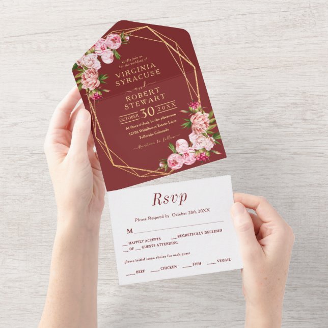 Invitación Todo En Uno Boda de Terracota Real Geométrica Rubor Pink (desgarro)
