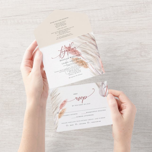 Invitación Todo En Uno Boda de Terracota y Hierba de Pampas (desgarro)