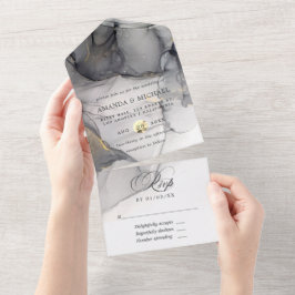 Invitación Todo En Uno Boda de tinta de alcohol negro y dorado