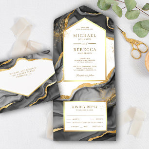 Invitación Todo En Uno Boda de tinta fluida abstracta con lámina de oro
