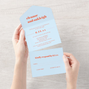 Invitación Todo En Uno Boda de tipografía moderna en negrita naranja azul