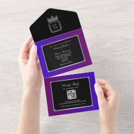 Invitación Todo En Uno Boda de tono de joya chic negro púrpura