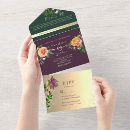 Invitación Todo En Uno Boda de tono verde yemení morado de esmeralda