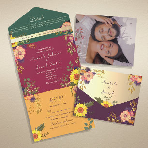 Invitación Todo En Uno Boda de tonos joya con flores coloridas