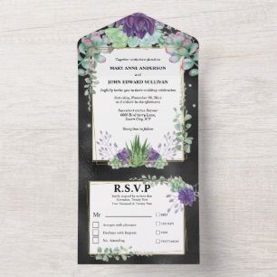 Invitación Todo En Uno Boda de vegetación de cactus eucalipto verde púrpu