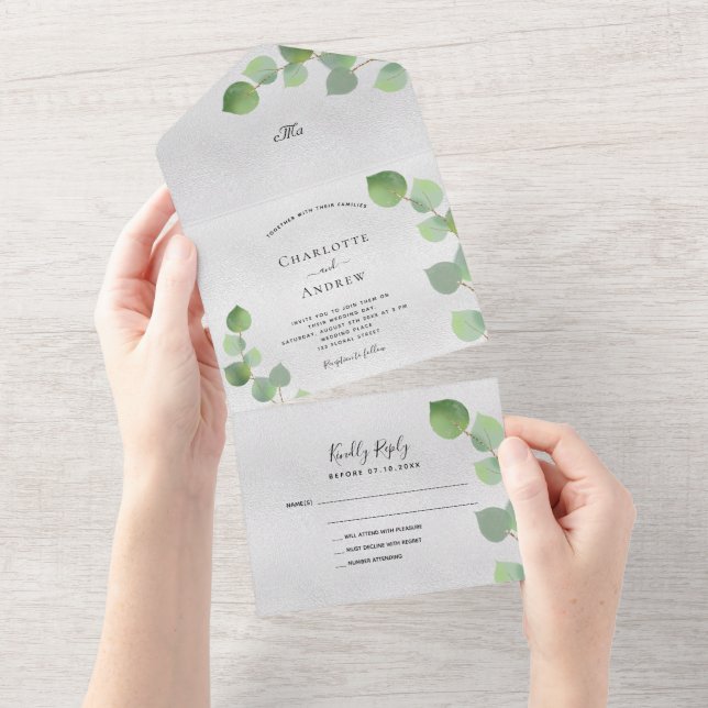 Invitación Todo En Uno Boda de vegetación de eucalipto plateado (desgarro)