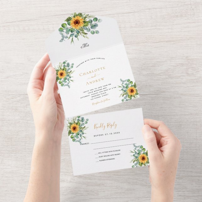 Invitación Todo En Uno Boda de vegetación de girasoles eucalipto (desgarro)