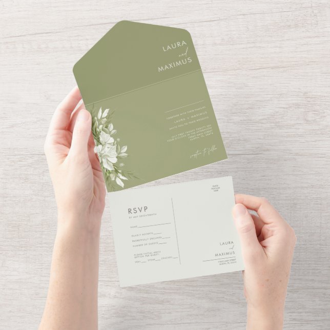 Invitación Todo En Uno Boda de vegetación floral blanca (desgarro)