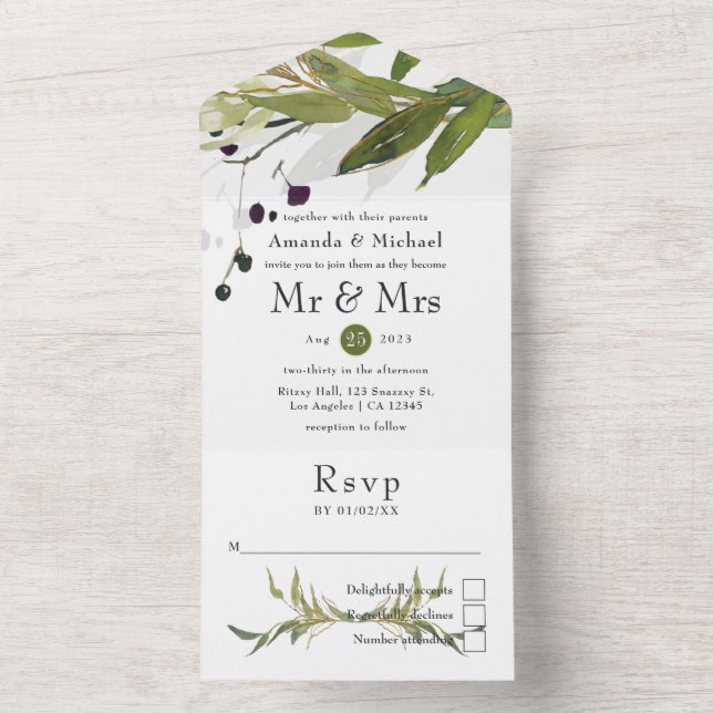 Invitación Todo En Uno Boda de vegetación frondosa con acuarela (Interior)