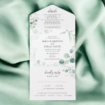 Invitación Todo En Uno Boda de verano de Eucalyptus<br><div class="desc">Imaginen una invitación de boda todo en uno que maravillosamente encarna un tema botánico, creando una perfecta mezcla de naturaleza y elegancia. Se abre la invitación para descubrir un fascinante ramo de eucaliptos y hojas que capta la esencia de un jardín exuberante. Delicada caligrafía adorna los títulos, añadiendo un aire...</div>