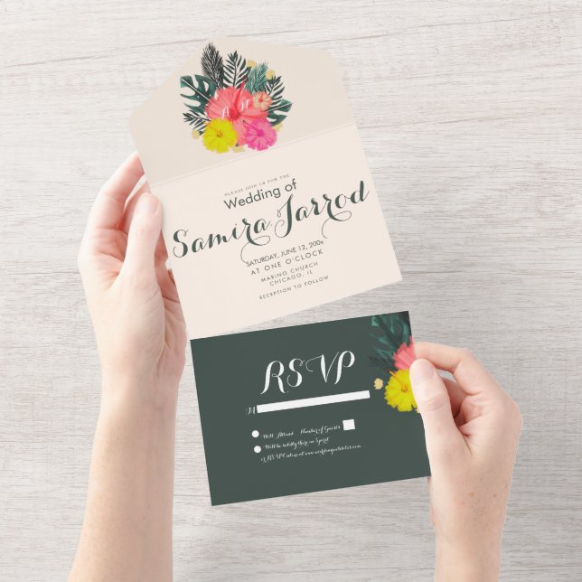 Invitación Todo En Uno Boda de verano de hibiscus trópico dibujado a mano (desgarro)
