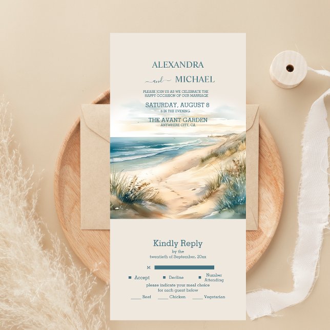 Invitación Todo En Uno Boda de verano en la playa con acuarela del océano (Subido por el creador)