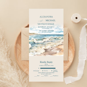 Invitación Todo En Uno Boda de verano en la playa con acuarela océano