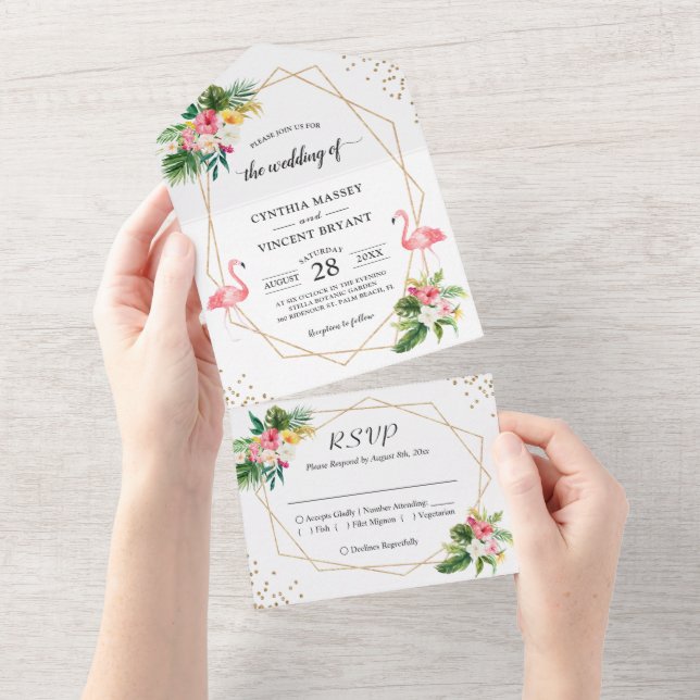 Invitación Todo En Uno Boda de verano geométrico de flamenco floral tropi (desgarro)