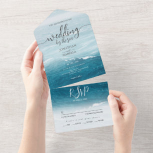 Invitación Todo En Uno Boda de verano por el océano oscuro ondulado azul