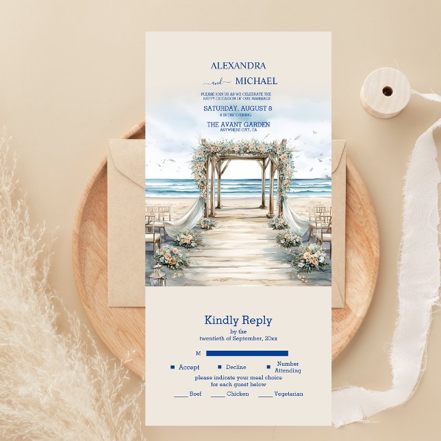 Invitación Todo En Uno Boda de verano romántica al océano con acuarela (Subido por el creador)