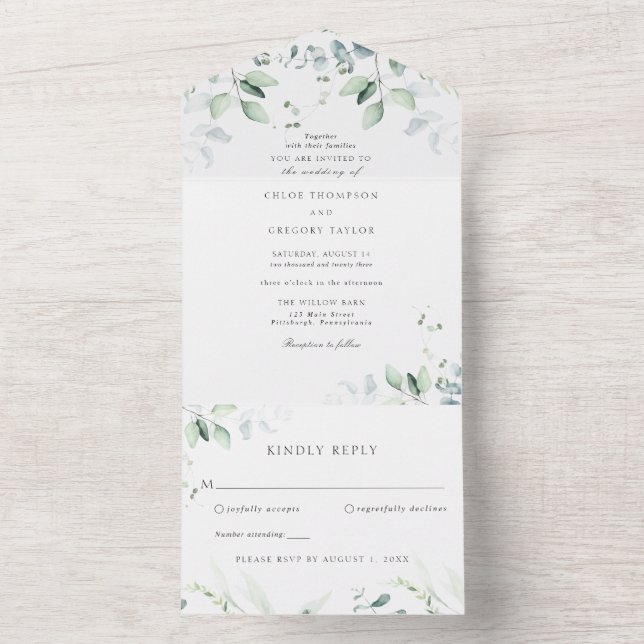 Invitación Todo En Uno Boda de verde botánico y eucalipto (Interior)