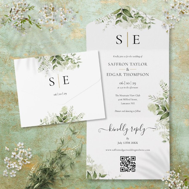 Invitación Todo En Uno Boda de verde del código QR del monograma negro do (Gold Black Monogram QR Code Greenery Wedding All In One Invitation)