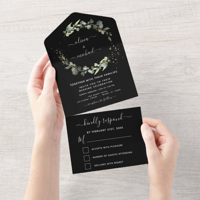 Invitación Todo En Uno Boda de verde eucalipto negro elegante (desgarro)