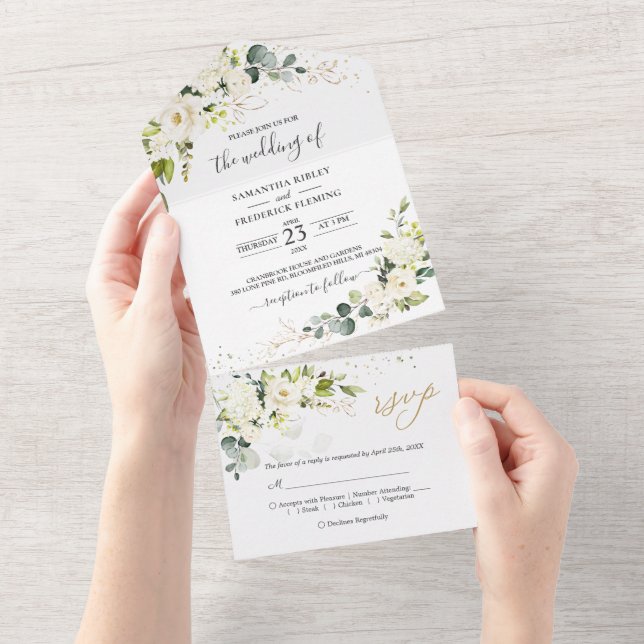 Invitación Todo En Uno Boda de verde rosa blanco todo en uno (desgarro)