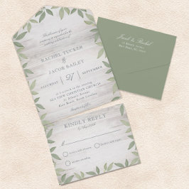 Invitación Todo En Uno Boda de Verde Salvia con Vegetación de Jardín Rúst