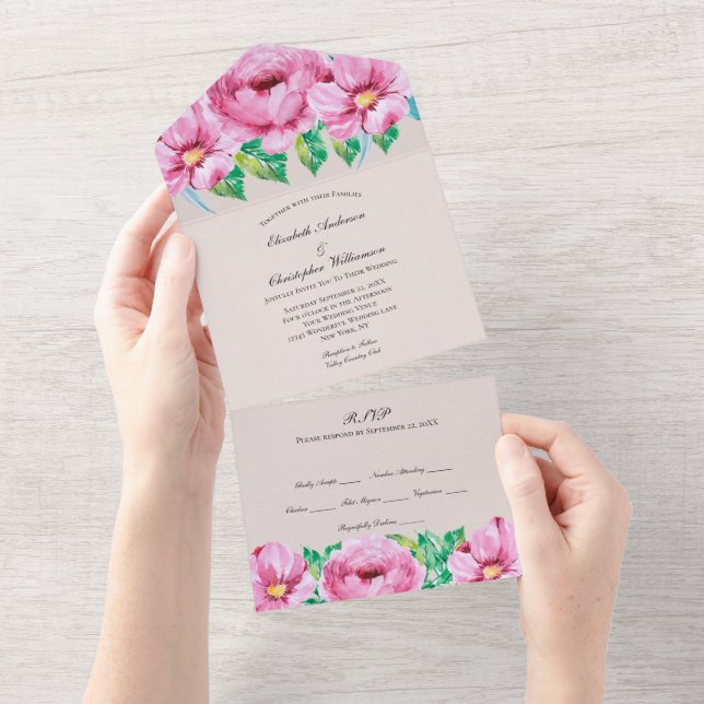 Invitación Todo En Uno Boda De Verdor Floral Rosa En Una Invitación (desgarro)