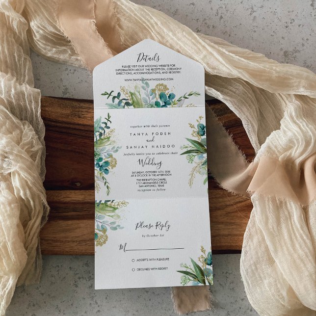 Invitación Todo En Uno Boda de Verdor Tropical Gold Floral (Subido por el creador)