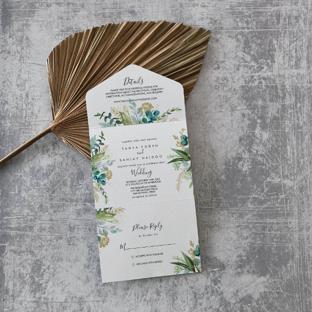 Invitación Todo En Uno Boda de Verdor Tropical Gold Floral (Subido por el creador)