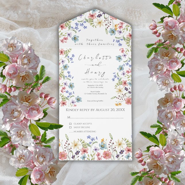 Invitación Todo En Uno Boda de Wildflowers Greenery Garden RSVP (Subido por el creador)