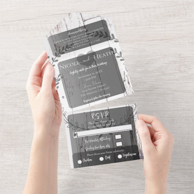 Invitación Todo En Uno Boda de Wreath Barn White Wood Farmhouse (desgarro)