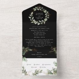 Invitación Todo En Uno Boda de Wreath de Eucalipto Negro Premium Onyx