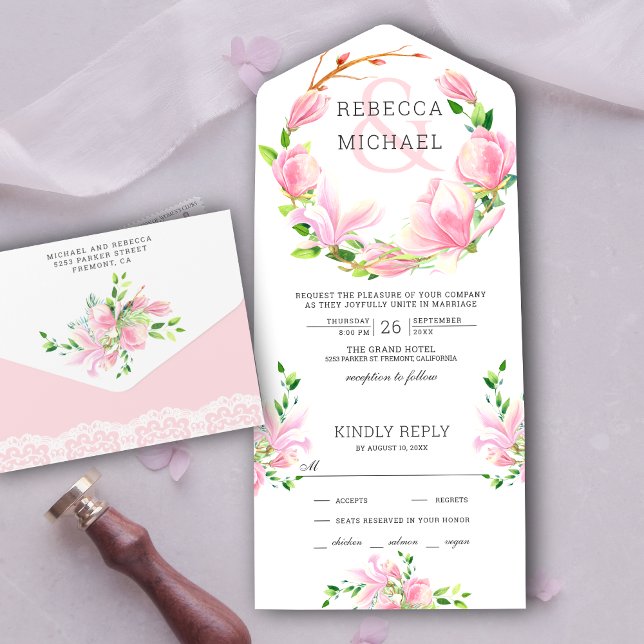 Invitación Todo En Uno Boda de Wreath Floral de Magnolia Rosa (Subido por el creador)