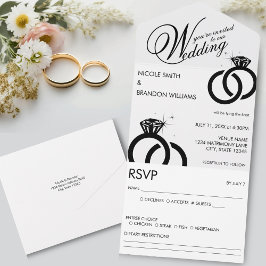 Invitación Todo En Uno Boda del anillo de diamantes blanco y negro