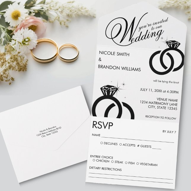 Invitación Todo En Uno Boda del anillo de diamantes blanco y negro (White & Black Diamond Ring Wedding All In One Invitation)