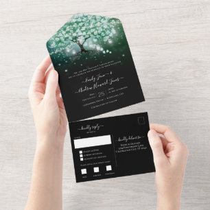 Invitación Todo En Uno Boda del árbol de hoja de corazón azul con tinte v