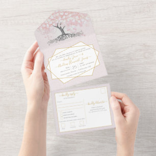 Invitación Todo En Uno Boda del árbol de hoja de corazón rosa elegante