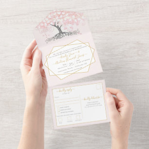 Invitación Todo En Uno Boda del árbol de hoja de corazón rosa elegante