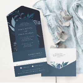 Invitación Todo En Uno Boda del Arco Botánico Azul de Azure