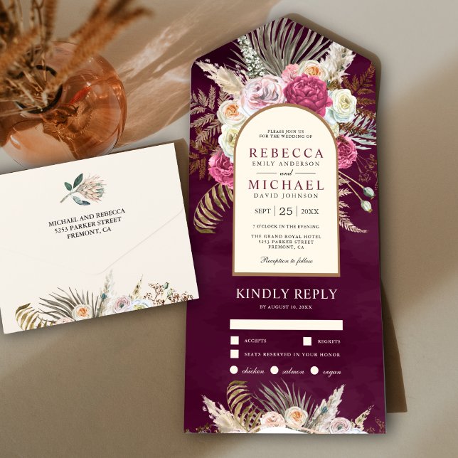 Invitación Todo En Uno Boda del Arco de Bouquet Floral Rustic Boho Plum (Subido por el creador)