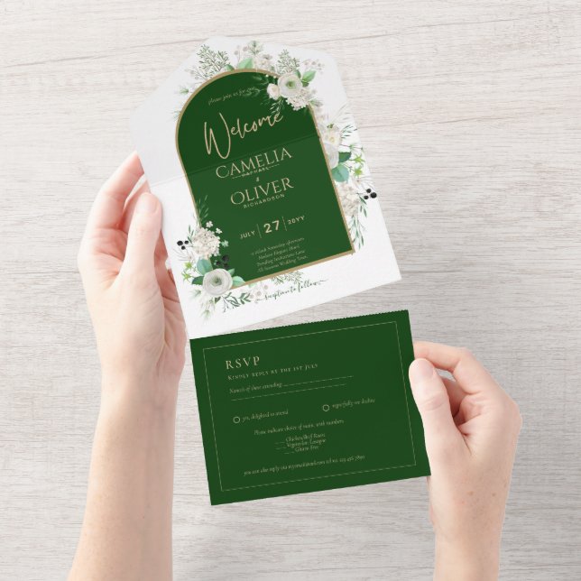 Invitación Todo En Uno Boda del Arco Verde Esmeralda de Rosas Blancas (desgarro)