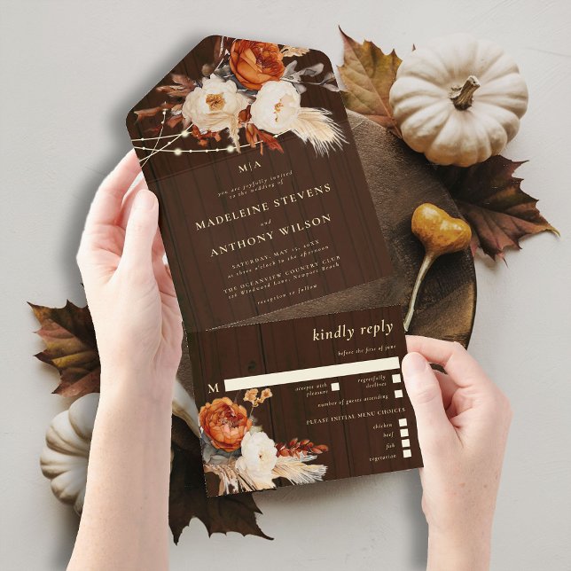 Invitación Todo En Uno Boda del Boho de la Caída Botánica Rustica de Barn (rustic barn wedding invitation all in one burnt orange boho floral botanical rust terracotta)