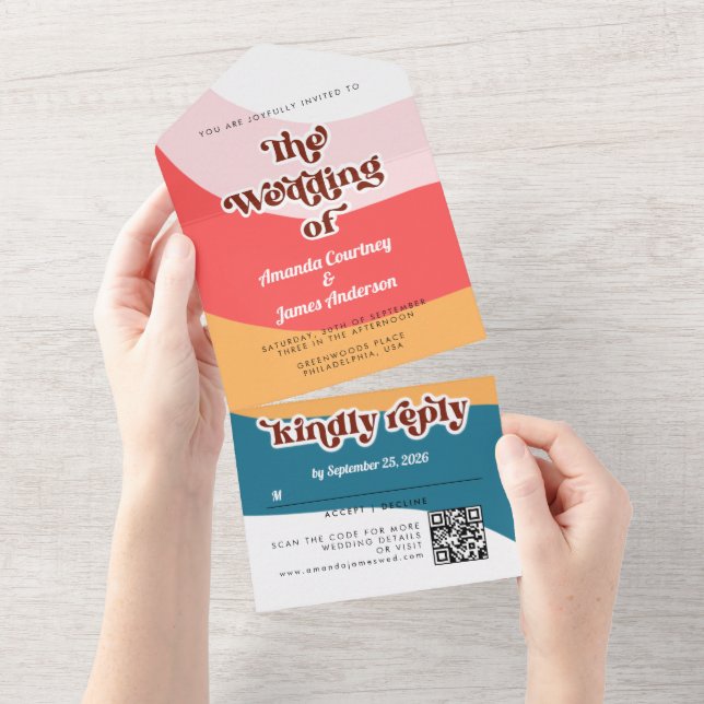 Invitación Todo En Uno Boda del Boho Groovy Retro 70 moderno (desgarro)