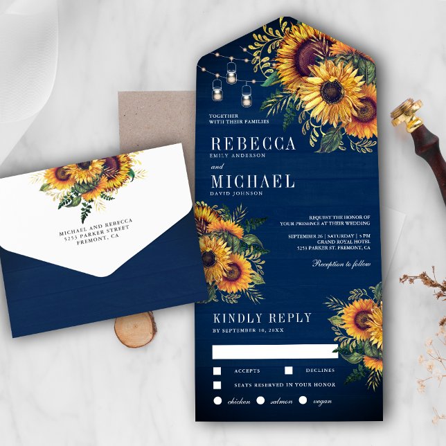 Invitación Todo En Uno Boda del Boho Sunflowers de la Marina Rusa (Subido por el creador)