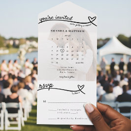 Invitación Todo En Uno Boda del calendario blanco de la línea del corazón
